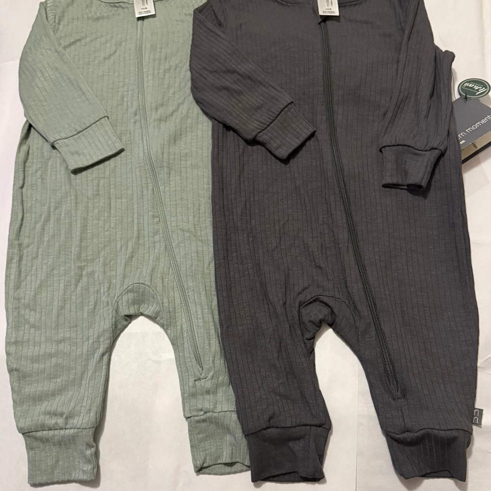 2 Pk Ribbed Zipper Footless One-Piece - Sage Green & Charcoal - Unknown Brand